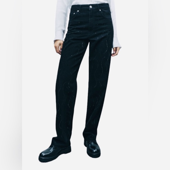 Zara Womens Straight Leg Mid Rise Rhinestone Black Jeans Size US 2/ EU 34 NWT - Picture 1 of 13